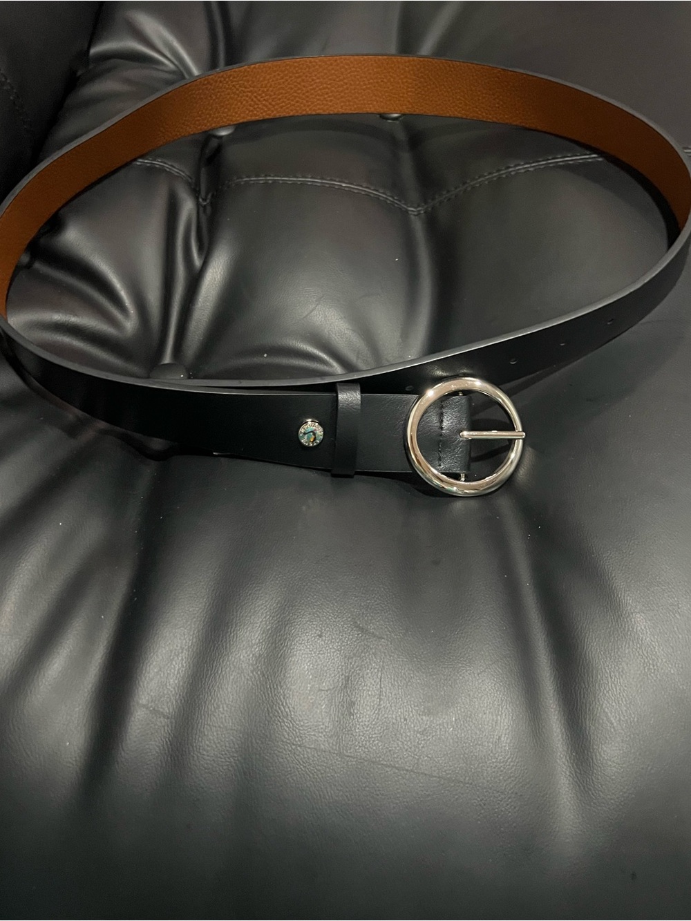 Steve Madden Black and Brow Leather Belt with Round Silver Buckle